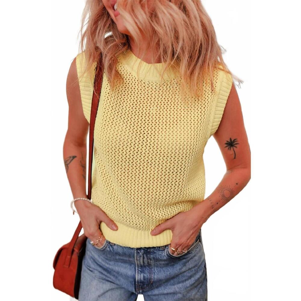 NEW DEAR LOVER hollow knit sleeveless sweater vest in yellow